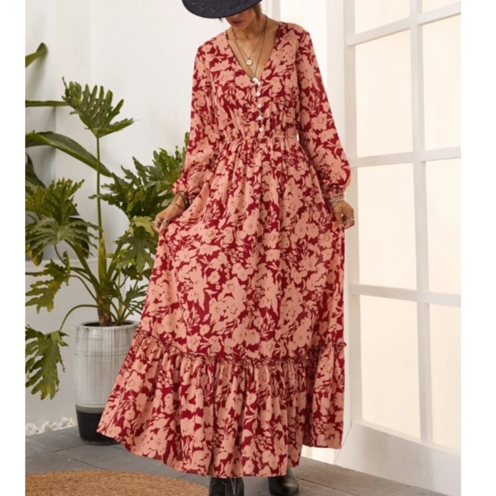 Boho gypsy  floral print button down ruffle hem maxi dress - Picture 4 of 6